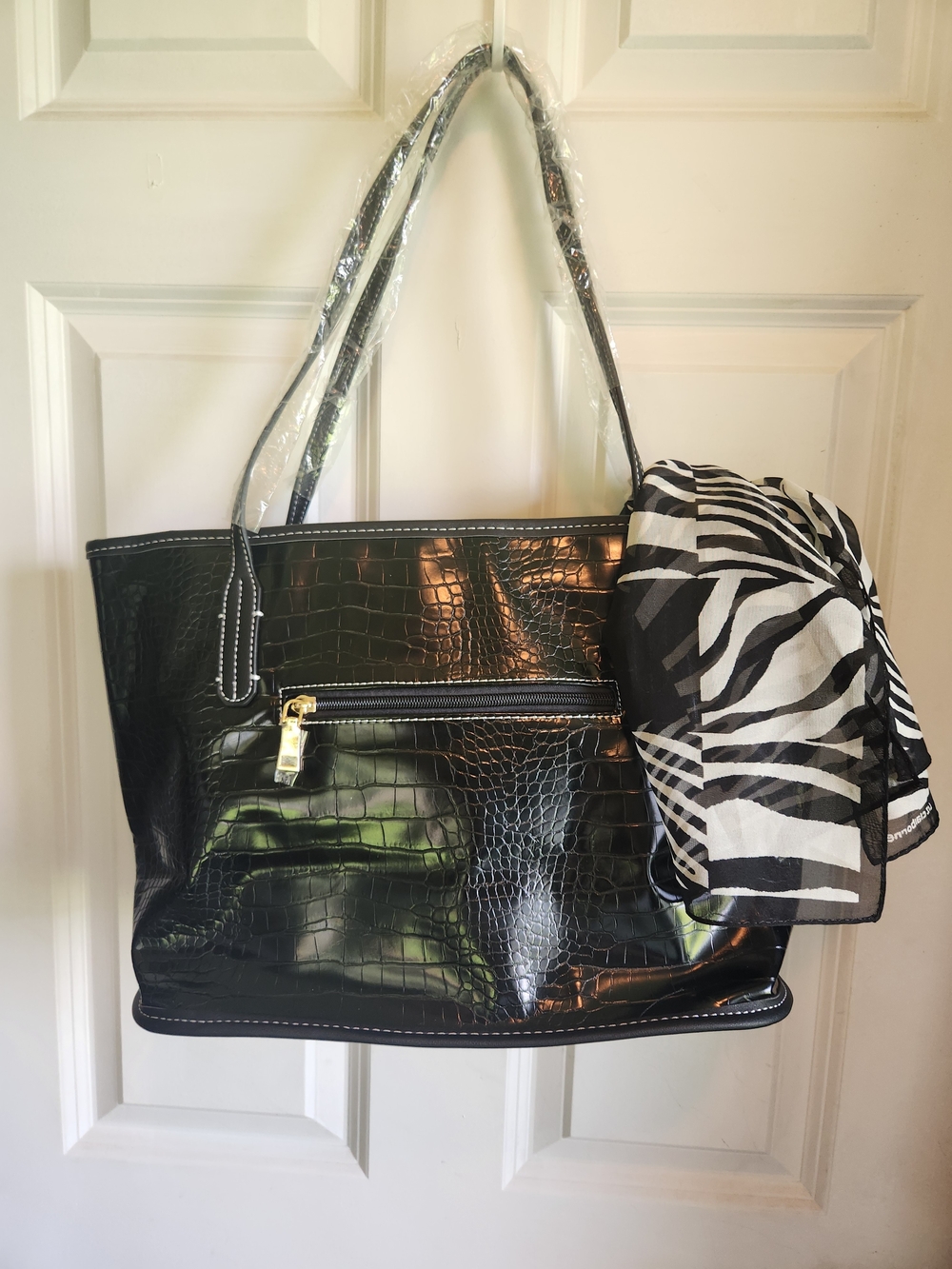Black Croc-Embossed Tote with Zebra Accent Scarf